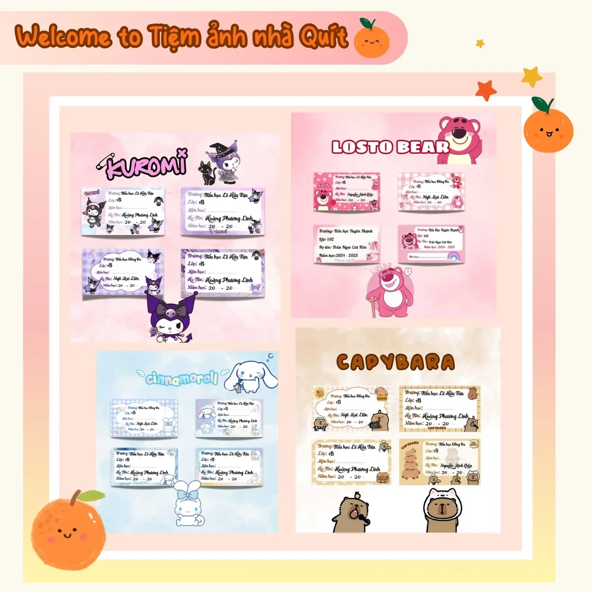 Set 36 NHÃN VỞ in tên học sinh chủ đề kuromi, gấu dâu, capybara, cinnamoroll và nhân vật hoạt hình khác