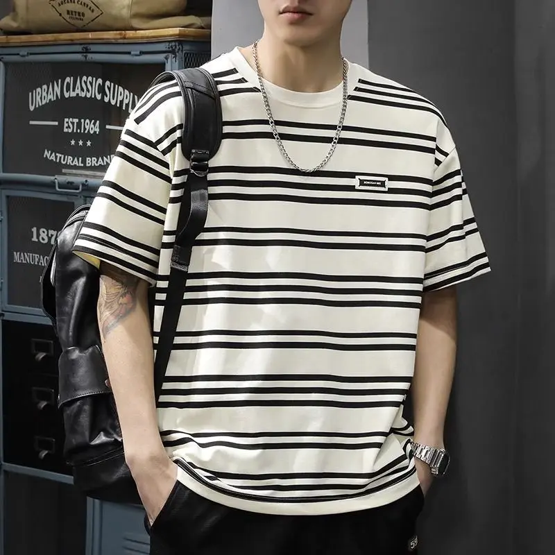 Summer New Color-Block Striped Short Sleeve T-Shirt for Men Loose Fit Plus Size Ins Trend Half Sleeve Tee American Casual Nautical Shirt Footwear