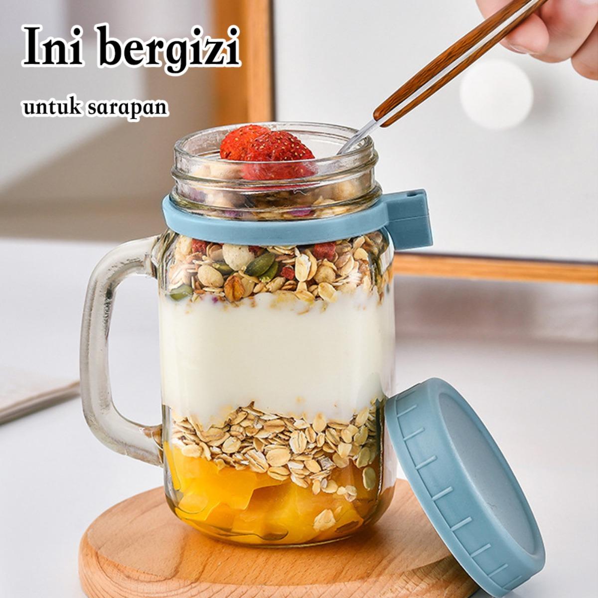 Gelas Oatmeal Kecil dengan Tutup & Sendok - Alat Sarapan Sehat, Wadah Yogurt, Cangkir Kopi, Botol Mason Jar, Tempat Bekal Kreatif untuk Salad, Susu, dan Minuman Secara Ringkas