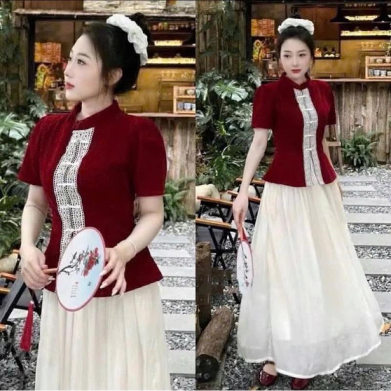 (Có bigsize 95kg) Set áo NHUNG PHỐI REN nút tàu kèm chân váy voan dài 2 lớp cao cấp (tặng chuỗi vòng tay gỗ hoặc đá)