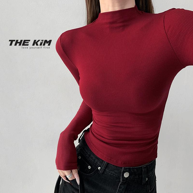 THEKIM Áo croptop dài tay len tăm lông giũ nhiệt , áo dài tay cổ cao nhún chun cạnh  Nữ  A200