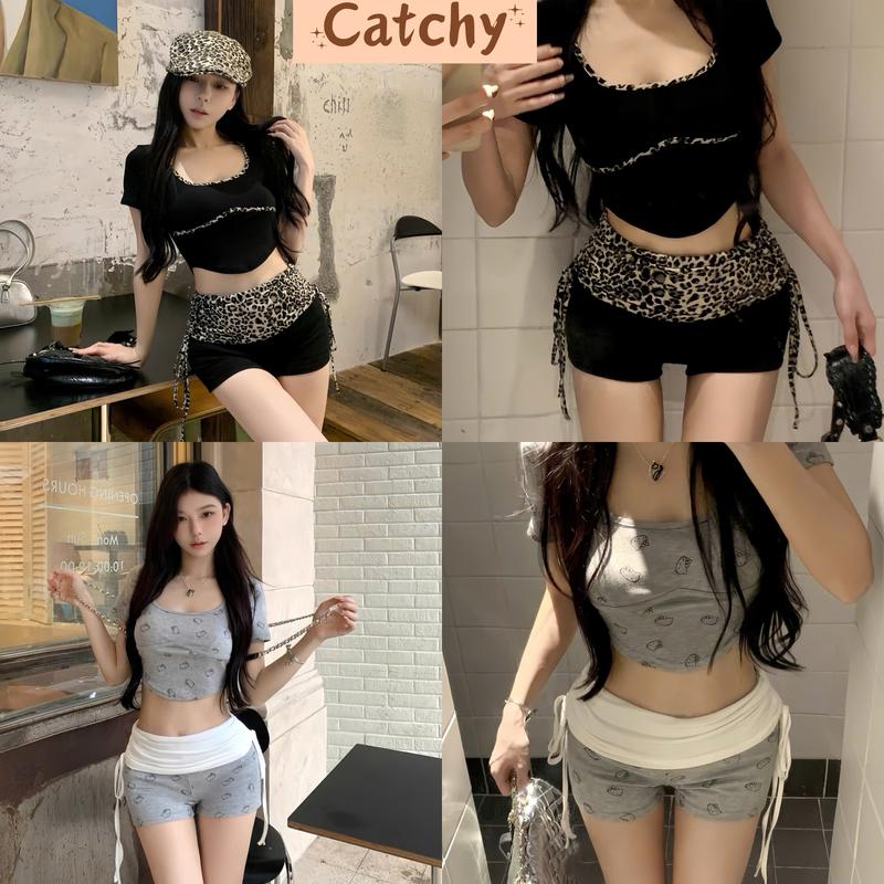 Set Bộ Đùi Nữ Y2k Áo Croptop Họa Tiết Beo Phối Quần Đùi Cạp Trễ Bảng To Rút Dây Tôn Dáng Cá Tính CATCHYstore