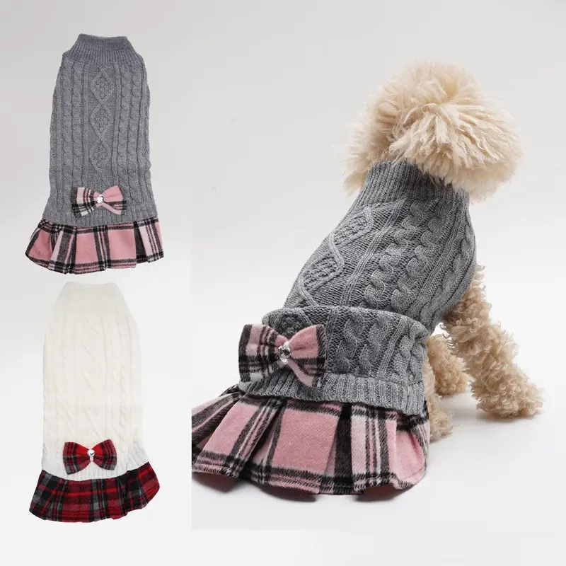 Dog & Cat Plaid Knitted Sweater Set, Cute Knitwear Sweater with Bow Decor, Pet Clothes for Small Medium Dogs & Cats 0
