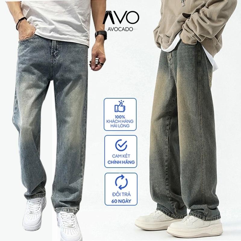 AVOCADO - Quần Bò Jeans Baggy nam cạp cao phom xuông ống suông rộng lỡ cao cấp bᶖg size Avocado Menswear Pants  Có Túi Ong jean suong dep