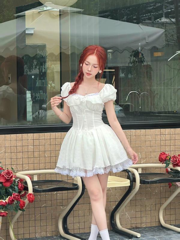 Váy Xòe Ngắn Tiểu Thư Tùng Phồng Phối Ren Baby Lolita HaLuuStore HH89 Nữ Tay Loe