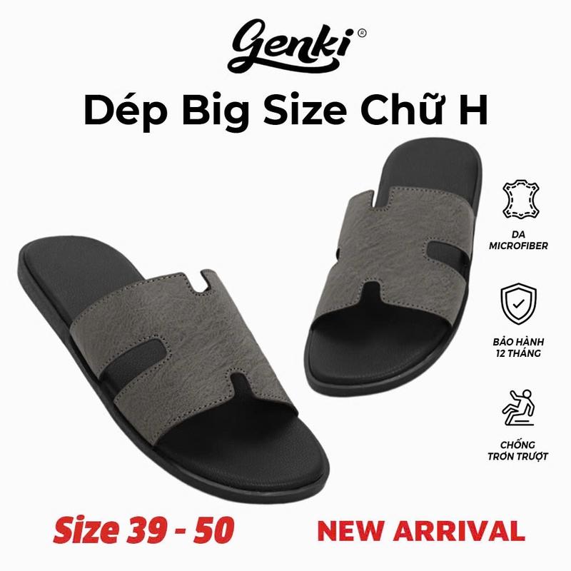 Dép Nam Big Size Chữ H GENKI Màu Xám Quai Da Cao Cấp Đế Bằng Cao Su Chống Trơn Trượt dep  nam DéP dép  big  size  genki