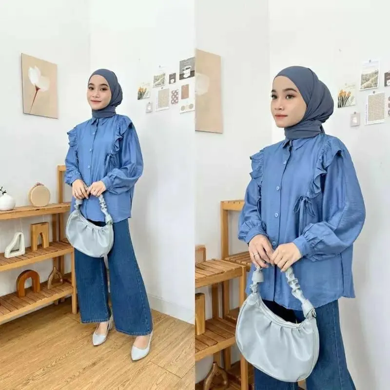 Inara Blouse Polo Linen Ruffle Tali Depan Kancing Busui Muslim Atasan Wanita Crinkle