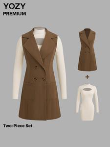 YOZY Women's Solid Double Button Lapel Neck Pocket Corduroy Vest Coat & Cut Out Mock Neck Ribbed Dress Two-piece Set, Elegant Fashion Two Piece Outfits for Daily Outdoor Wear, Women Clothes for Spring Fall, Valentine's Day Outfit