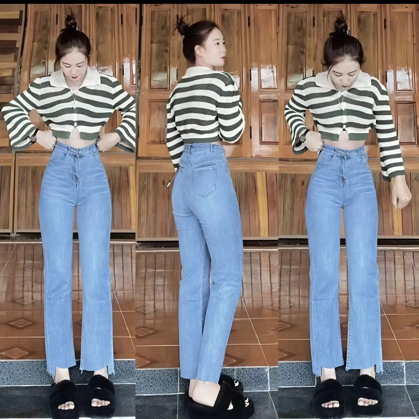 Quần jean nữ ống đứng  gấu kiểu cạp cao      phong cách