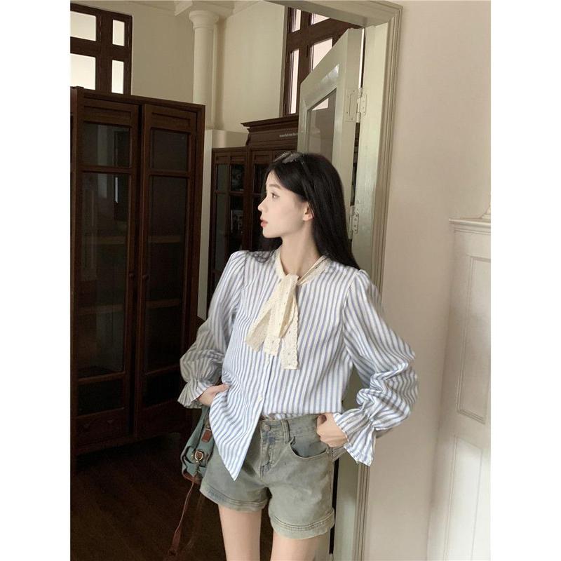 Áo Sơ Mi Dài Tay Kẻ Sọc Buộc Dây Nơ, Dành Cho Nữ, Thời Trang Phong Cách Hàn Quốc Mới Đầu Thu, Dáng Rộng Vừa Vặn, Áo Sơ Mi Độc Đáo Hợp Xu hướng Top Women Shirt Cổ Tròn 0