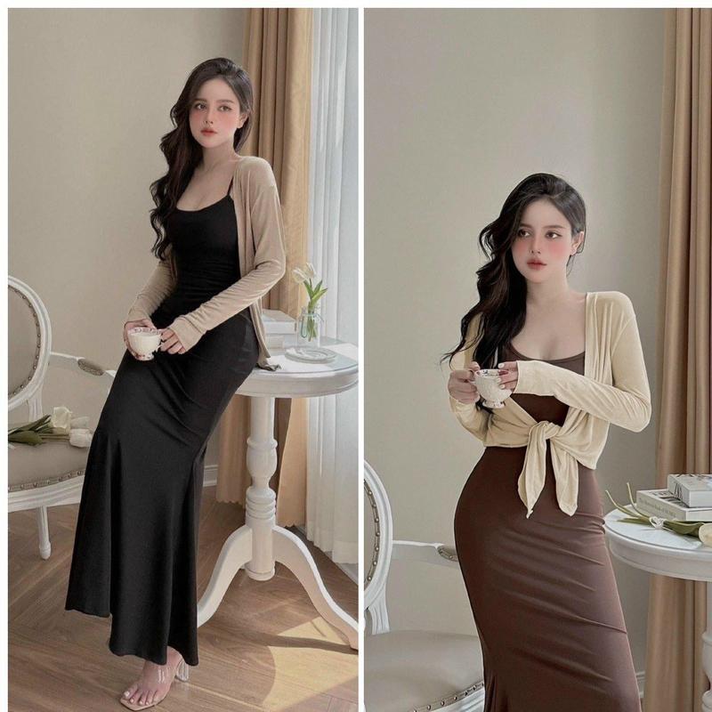 S19 Set Đầm Body hai dây đuôi cá thun lạnh dẻo mềm mịn kèm áo khoác ngoài Women Top