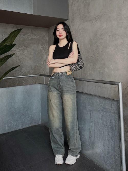 Q443(S_XL) Quần Jean Nữ( Women ) Ống Rộng Phom Suông vải QC lưng lật thêu chữ dài 105cm Ong Cotton Pants
