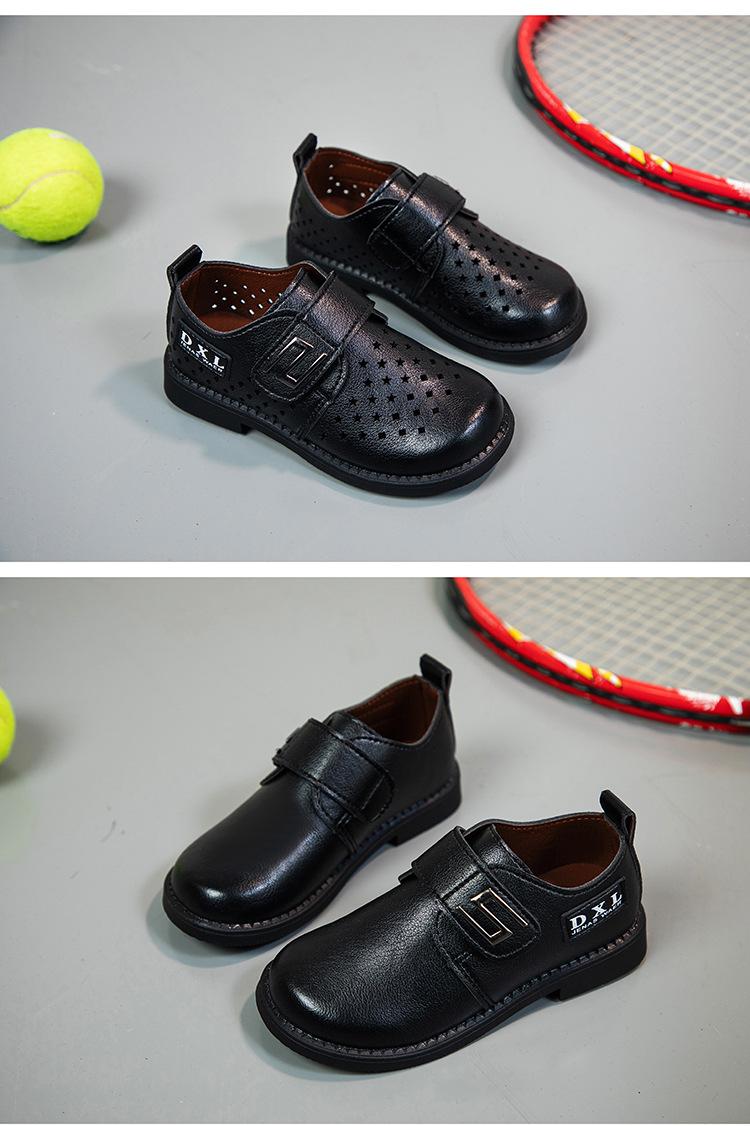 Product Introduction of Spring and Autumn New Black Breathable Casual British Leather Shoes Hollow Velcro Hole Student Soft Bottom Lazy Boy's Shoes 33