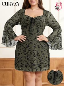 CURVZY Plus Size All Over Print Long Sleeve Dress, Elegant Fashion Casual Crew Neck Dress for Daily Outdoor Wear, Women Plus Clothing for Spring & Fall