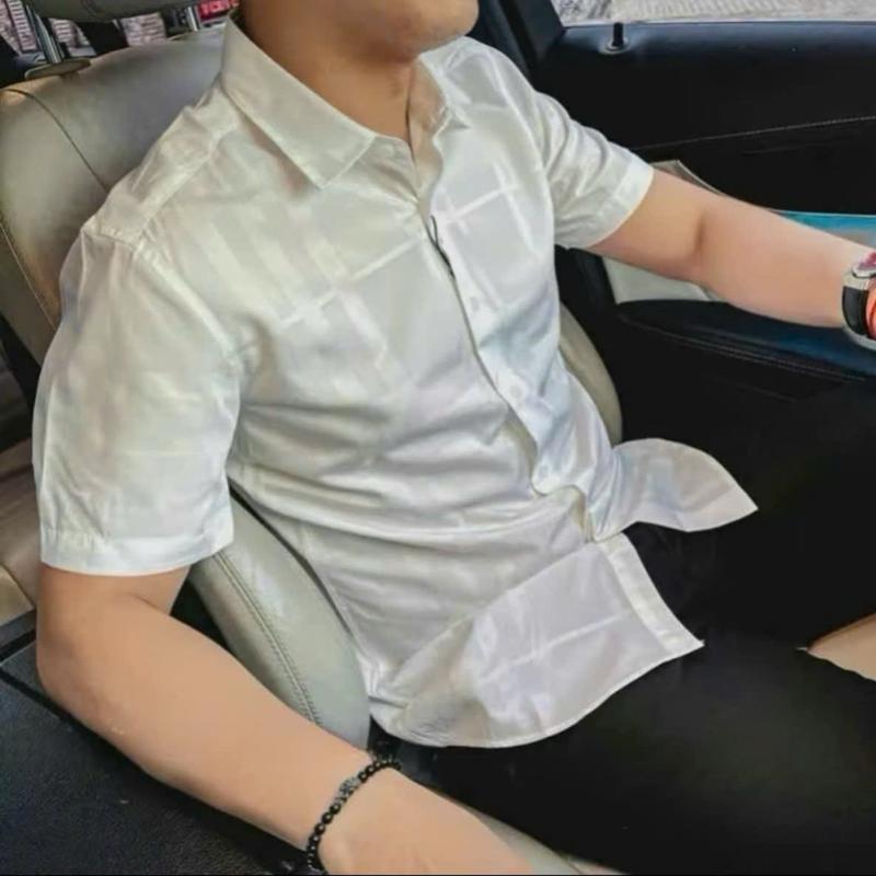 Áo Sơ Mi Vải Lụa Phối sọc chìm Sang Trọng Qúy Phái. Menswear Nam Shirt Có Cổ Trắng 3