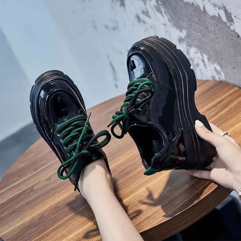 Black Spring New Thick Bottom Increased Patent Leather Shoes Small British Casual Platform Shoes Pumps Maillard