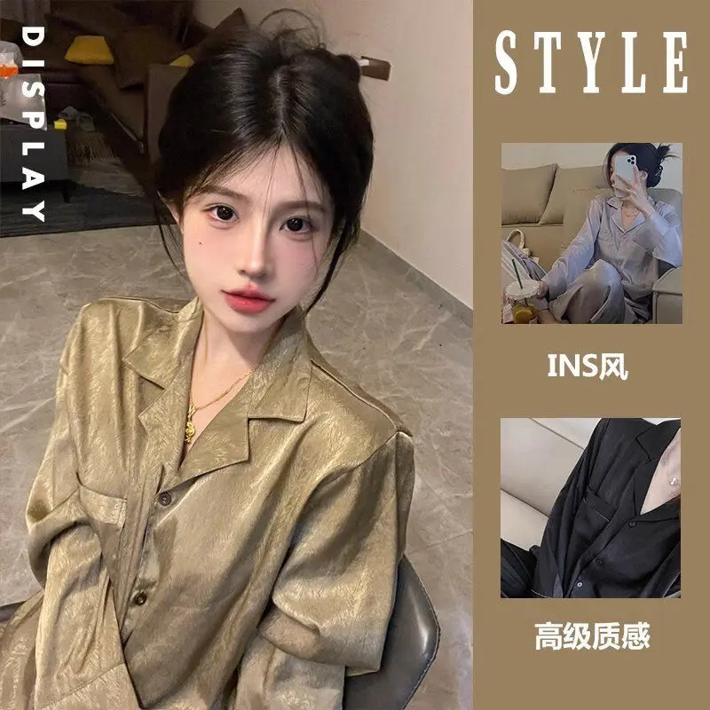 Bộ Đồ Ngủ Cao Cấp Cho Nữ, Chất Liệu Lụa Lạnh Dài Tay, Mỏng, Thích Hợp Cho Mùa Xuân Và Mùa Thu, Phong Cách Sinh Viên, Thích Hợp Cho Ký Túc Xá Ins, Có Thể Mặc Ngoài Trời, Ngoại Cỡ, Bộ Đồ Mặc Nhà