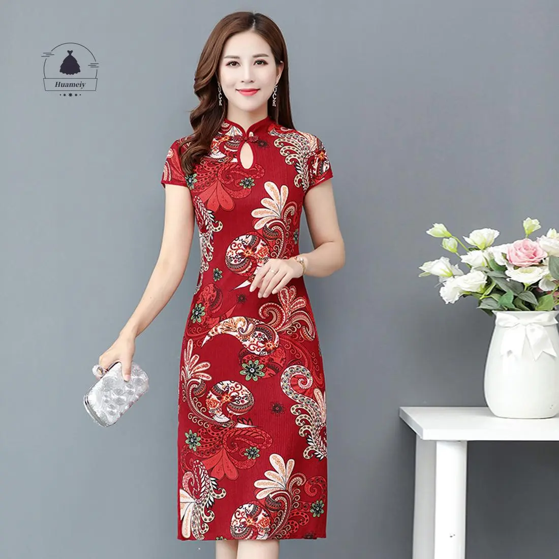 Váy Trung Quốc cho phụ nữ, Huameiy, Chiều dài Midi, Sườn xám, Họa tiết Cổ Điển, Xẻ Bên, Váy dự tiệc Qipao