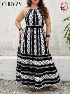 CURVZY Plus Size All Over Print Backless Halter Dress, Boho Sleeveless Long Dress for Beach Holiday Vacation, Women's Clothes for Summer