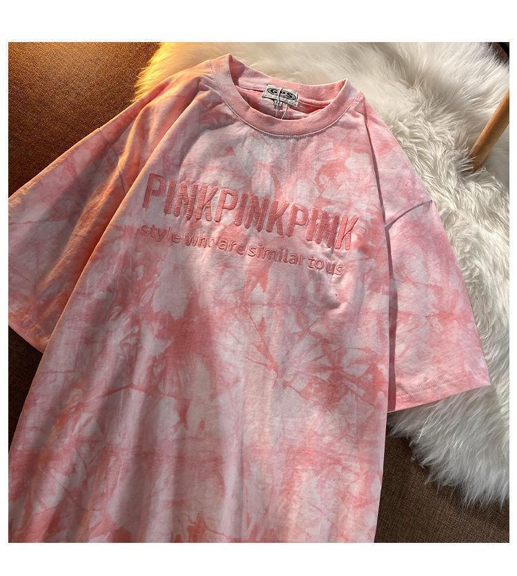 Product Introduction of Tie-Dye Top T-Shirt Embroidered Letters Couple Outfit Best Friend Outfit Short Sleeve T-Shirt Women Summer Loose Casual Top T-Shirt 11