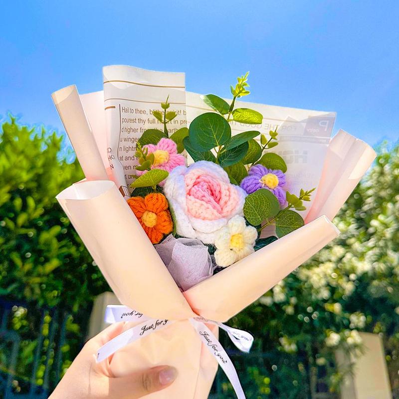 1 Count Artificial Hand Crochet Flowers Bouquet, Hand Woven Rose Flower Bouquet, Faux Knitted Sunflower Flower for Birthday Anniversary, Finished Artificial Flowers Home Decor Gift with Gift Bag 1
