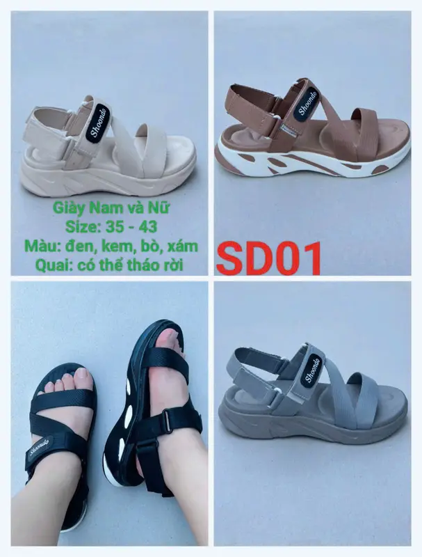 Giày Sandal Nam Nữ SD1- Xám Thời Trang Đi Học, Đi Làm Đế Cao 4 Màu 1