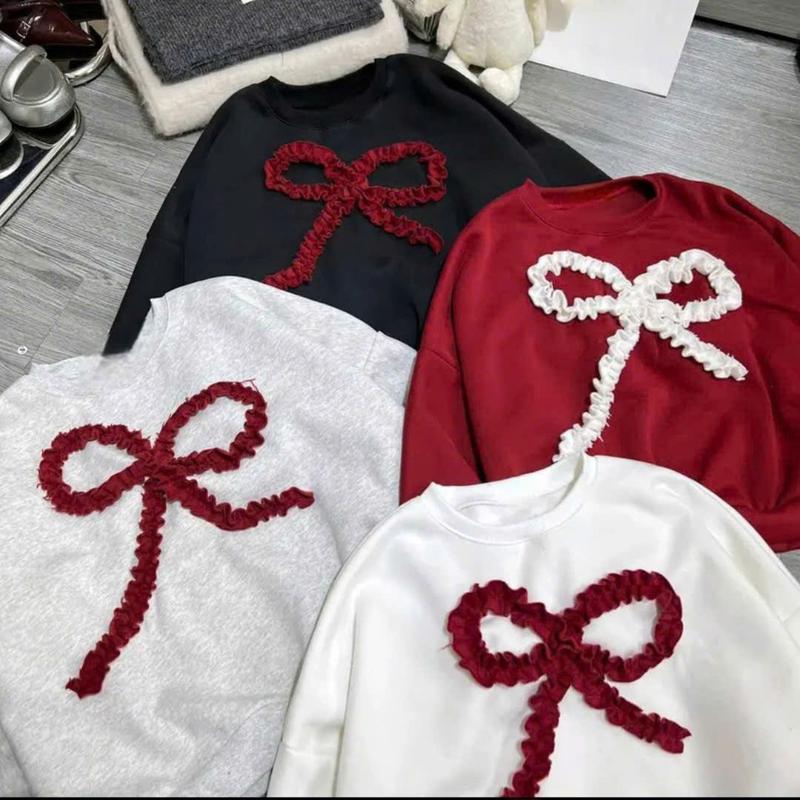 Áo thêu nơ rúm nổi phong cách Hàn quốc dễ thương 40-65kg nữ top women thun nỉ cổ tròn thun Hoodie 4