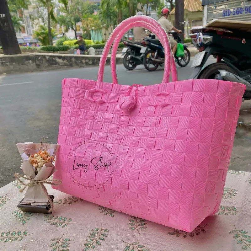 Giỏ nhựa đan tay màu trơn -  Size 7 vừa - Túi xách đan thủ công - Làn nhựa 4