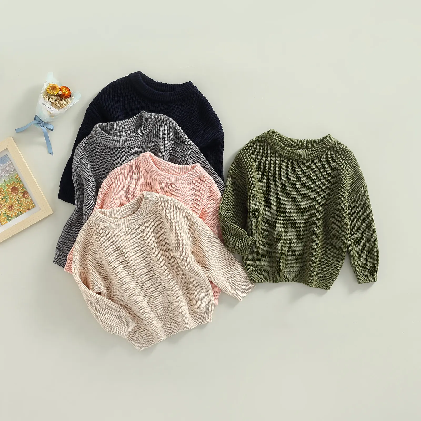 Toddler Baby Round Neck Sweaters, Long Sleeve Solid Color Loose Knitted Pullovers