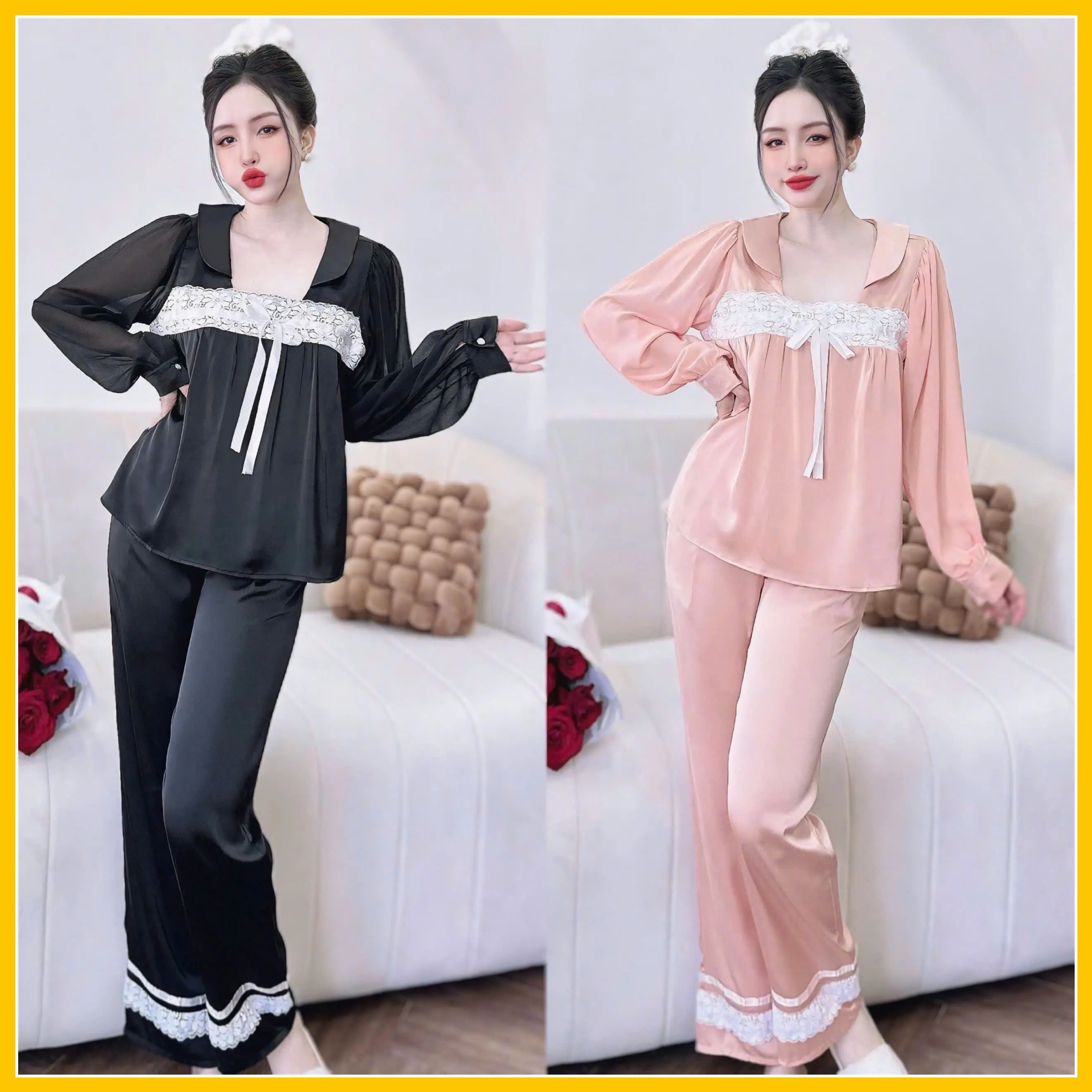Đồ bộ ngủ pijama áo tay voan cổ vuông quần dài dành cho nữ họa tiết trơn chất liệu lụa latin mềm mịn Women