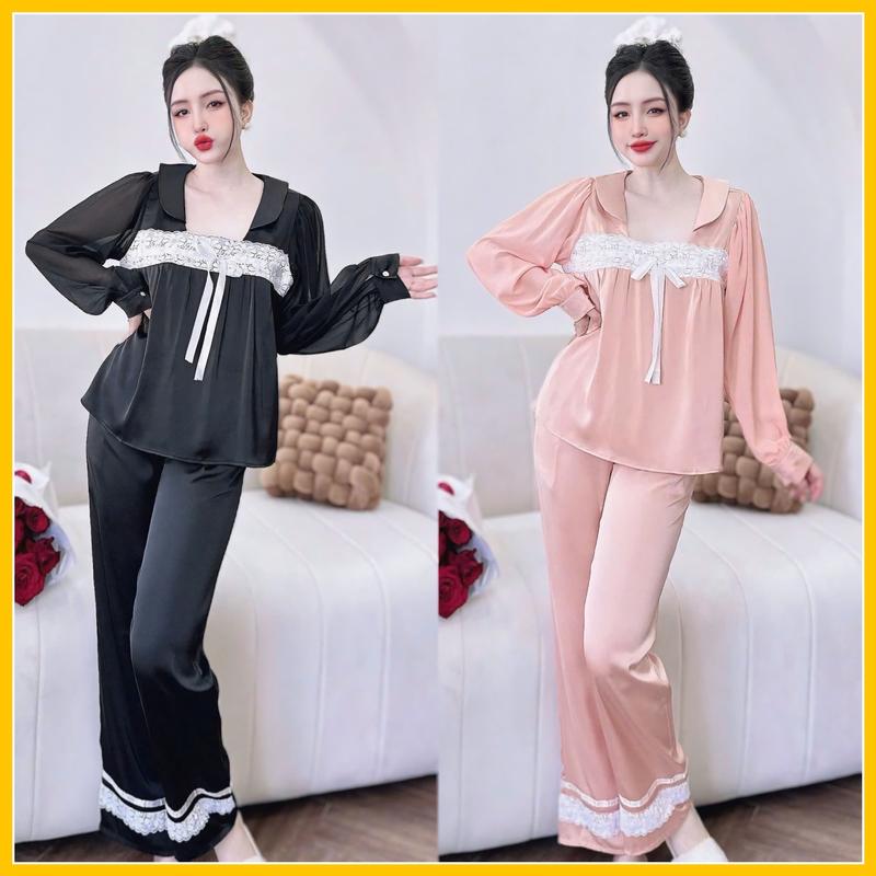 Đồ bộ ngủ pijama áo tay voan cổ vuông quần dài dành cho nữ họa tiết trơn chất liệu lụa latin mềm mịn Women 1