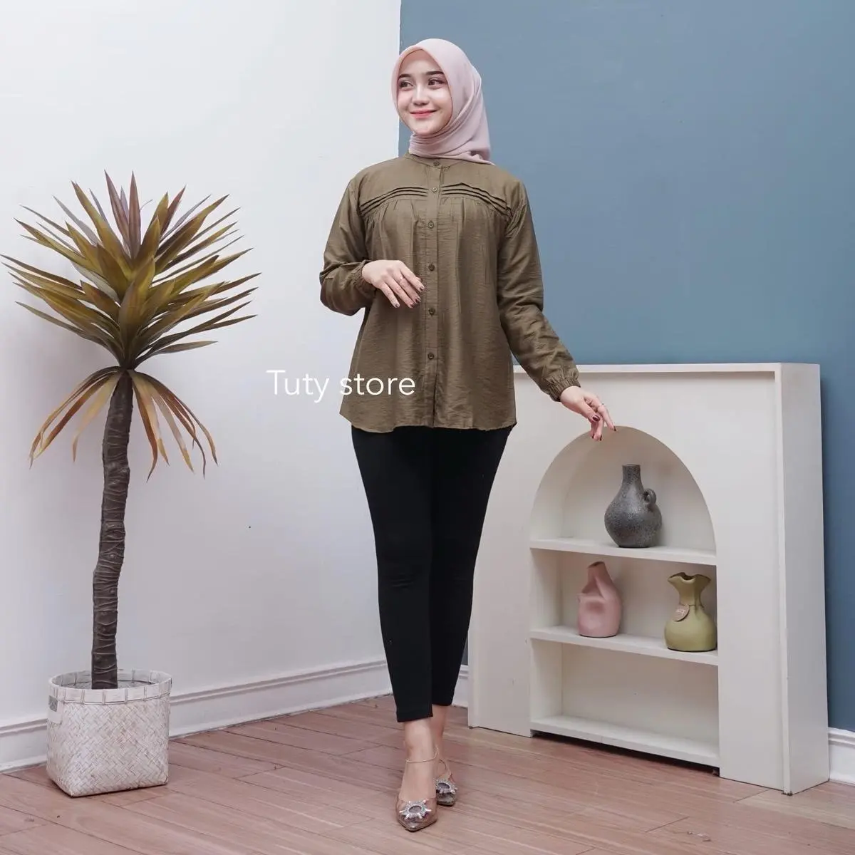 ARYANI Blouse polo linen. Atasan Cantik. Casual Muslim