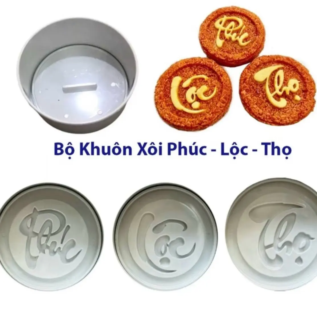 Bộ Khuôn Xôi Phúc Lộc Thọ 5 Chi Tiết ,Chất Liệu Nhựa Cứng Chịu Nhiệt ,không Mùi