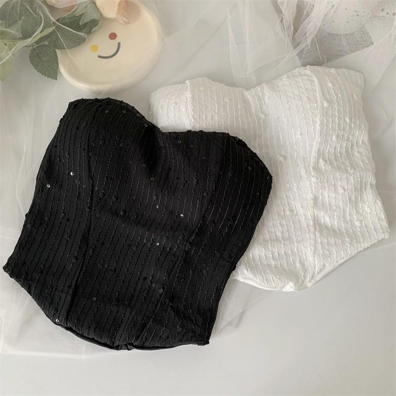 Áo Bra Nữ Cúp Ngực Quây Không Dây Kim Sa Có Mút Đệm Ngực Kèm Dây Quai Trong Quyến Rũ 7700 Women Kem Top Voan áo bra nữ