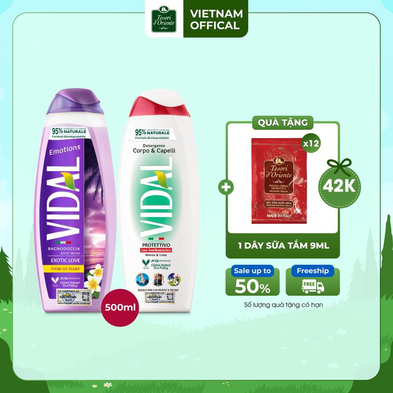 [TẶNG 12 GÓI SỮA TẮM TESORI 9ML] Combo 2 Sữa tắm Vidal 500ml nhập khẩu Ý thành phần tự nhiên dành cho cả gia đình