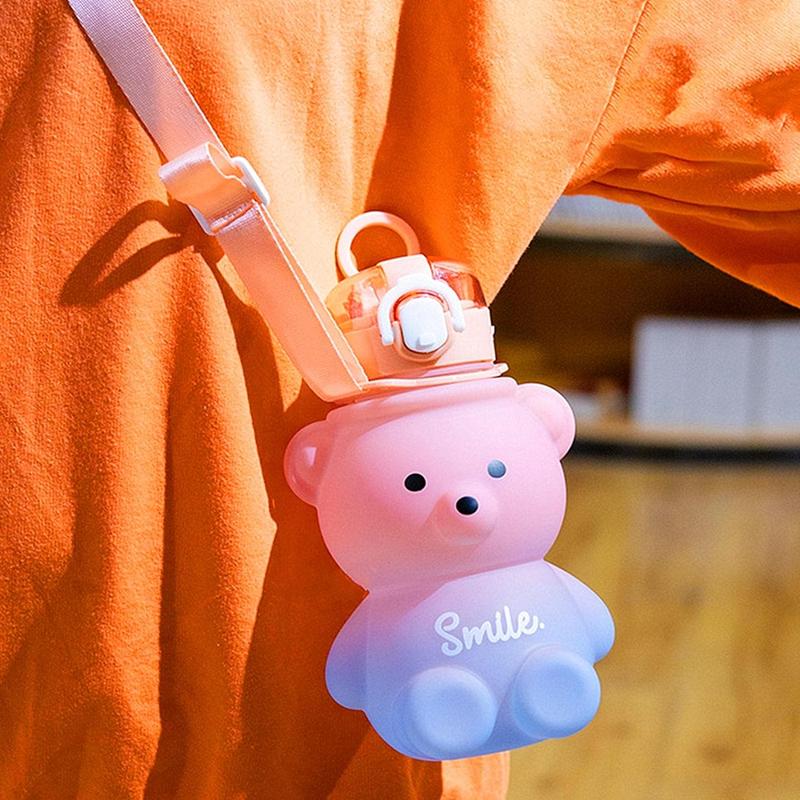 Cartoon Bear Design Water Bottle, Cute Large Capacity Water Drinking Bottle with Straw & Adjustable Strap, Portable Drinking Bottle for Home School Camp Outdoor 3