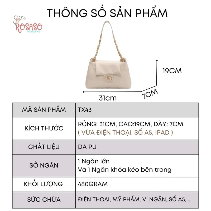 (HÀNG 1 NGĂN) Túi xách nữ đeo chéo đẹp đeo vai kẹp nách thời trang quai xích đi chơi cao cấp giá rẻ ROSASO TX43 Da Bag Kem 1