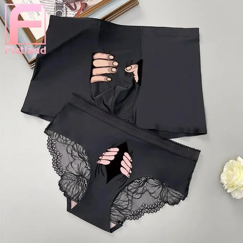 Đồ Lót Cặp Đôi, Quần Boxer Nam Và Quần Lót Nữ Ren Gợi Cảm, Cạp Thấp, In Nơ, Làm Bằng Lụa Lạnh, Thích Hợp Cho Bạn Trai Và Bạn Gái, Đồ Lót