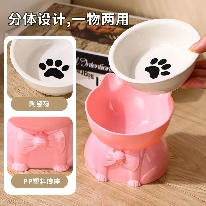 Bát Cho Mèo, Chất Liệu Gốm Sứ, Thiết Kế Chân Cao, Miệng Nghiêng, Bảo Vệ Cổ, Chống Đổ, Đường Kính Lớn, Thích Hợp Cho Mèo Và Mèo Con, Bát Đựng Thức Ăn, Chống Lật, Thiết Kế Cằm Chống Đen 8