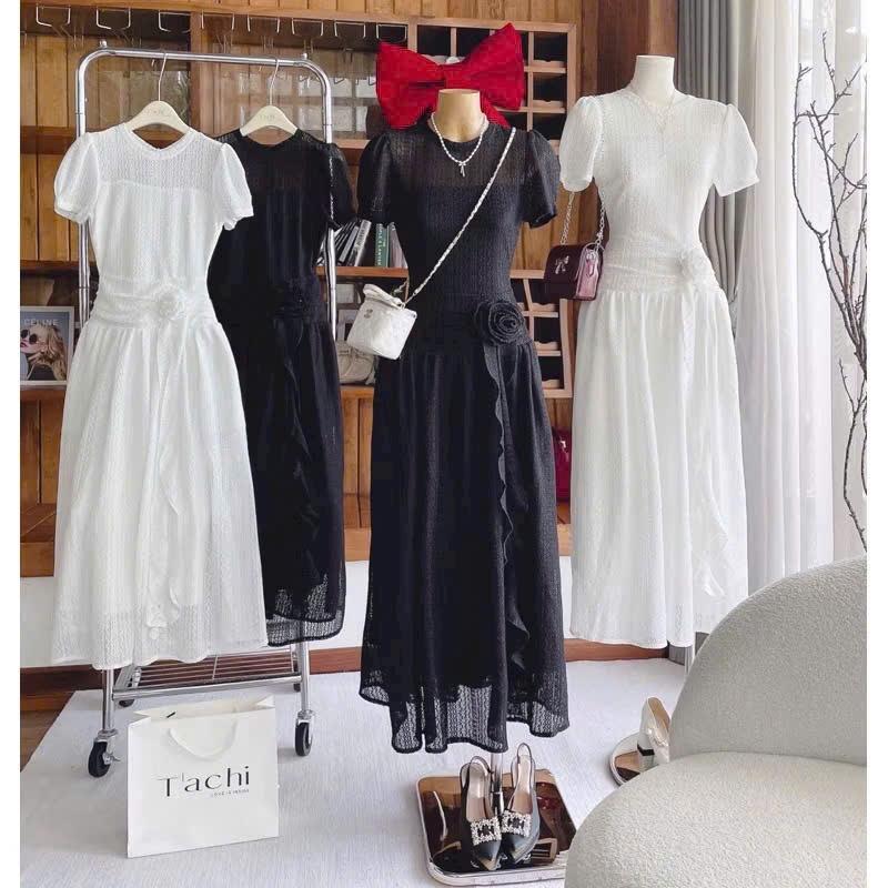 Đầm thiết kế dáng maxi chất ren cao cấp ôm vòng nhún eo tay ngắn đính bông 3 màu sang trọng mặc đi tiệc 1