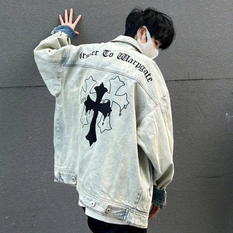 Áo khoác denim nam from rộng thêu chữ thập da retro, áo bò thánh giá unisex XESINU  Jean Có Túi