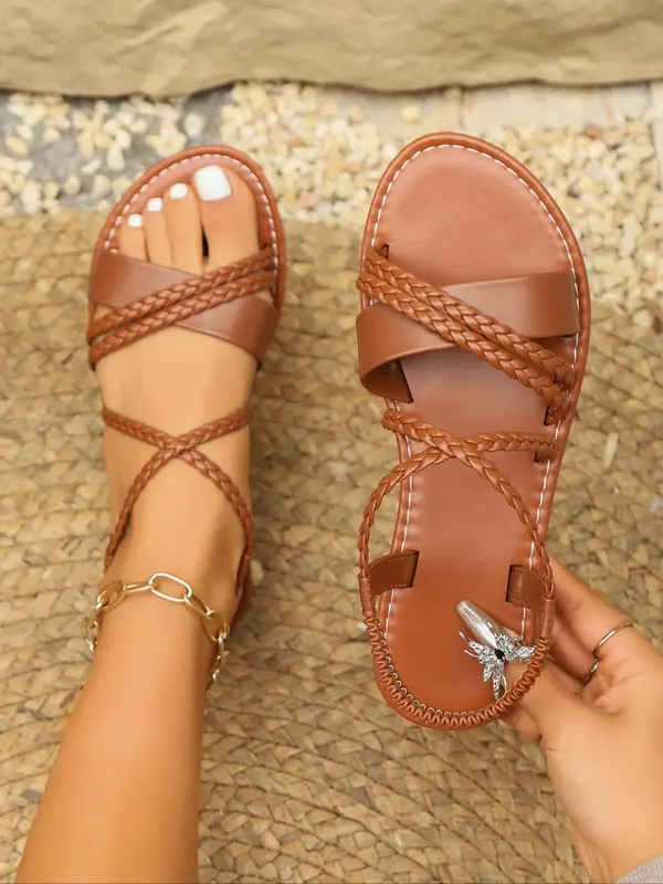 Women's Fashionable Braided Design Flat Sandals, Casual Comfortable Slingback Sandals for Summer, Lightweight Breathable Shoes for Daily Wear, Girl 5