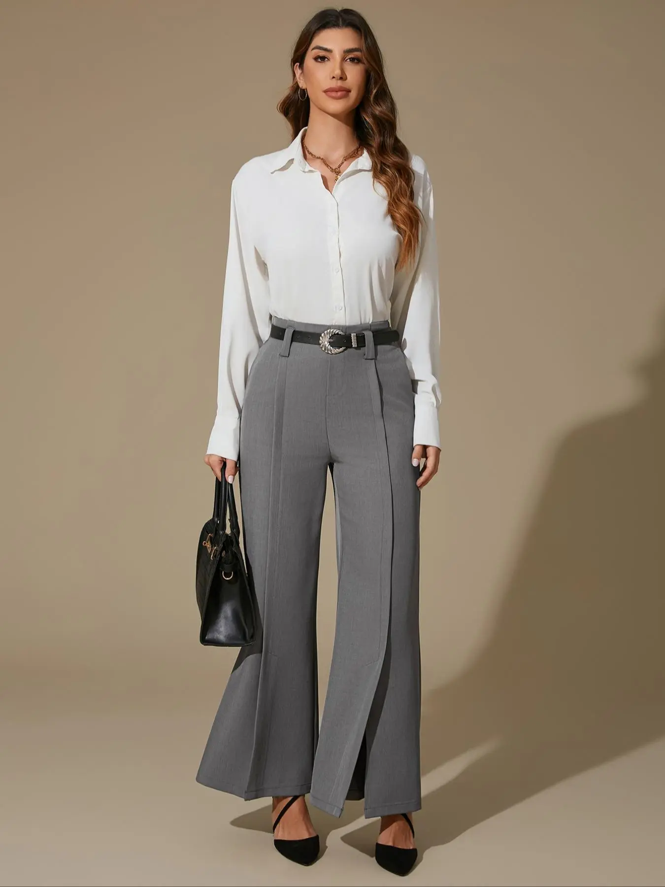 Women's Plain Plicated Split Hem Wide Leg Pants, Elegant Elastic Waist Pocket Trousers for Work Office Business, Ladies Spring & Fall Clothes