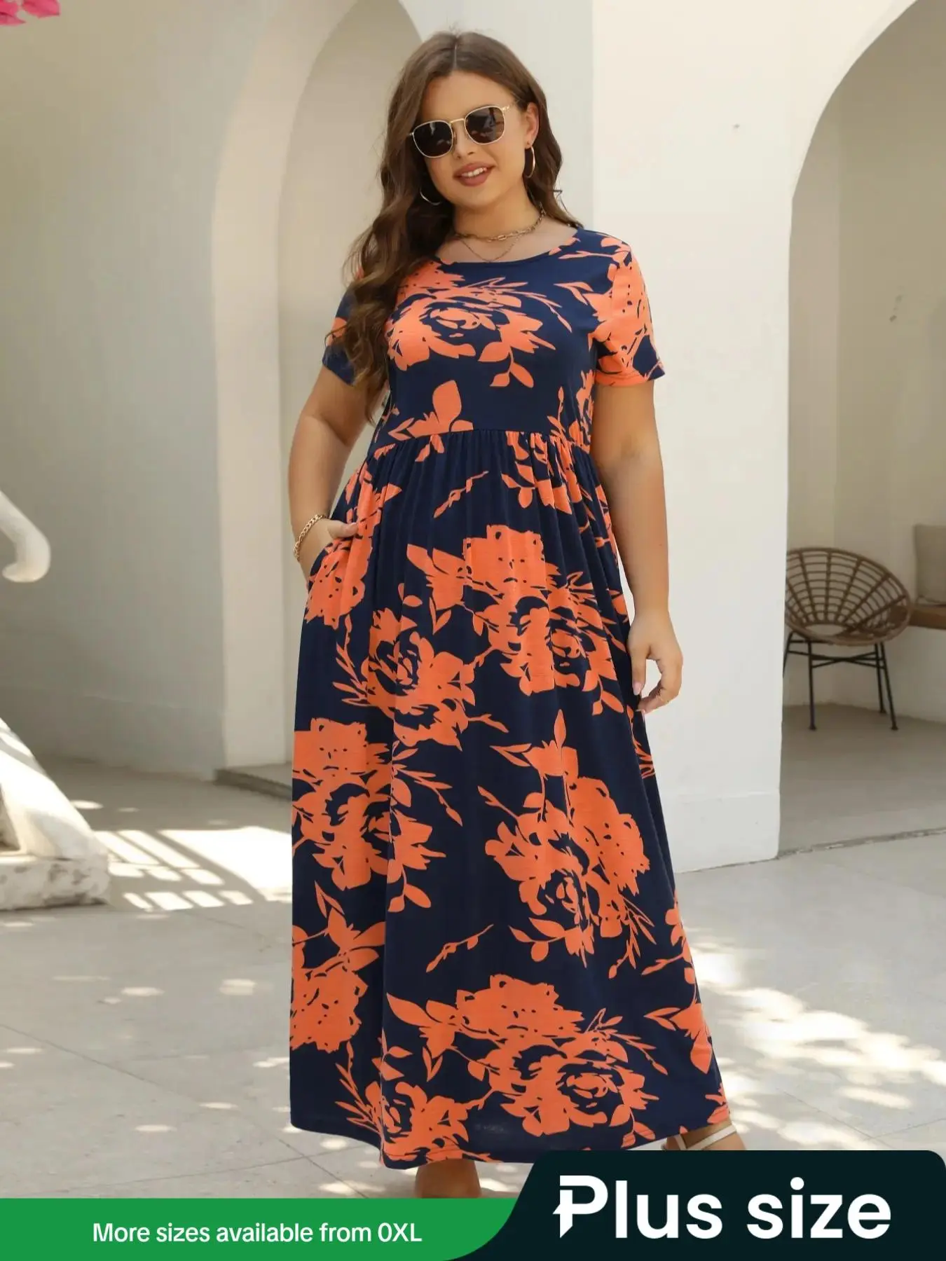 【Plus Size】 Floral Print Short Sleeve A-Line Dress, Vacation Clothes, Boho Clothes, Casual Elegant Round Neck Long Dresses for Beach Holiday, Dress for Women, Comfort Plus Clothes for Lady, Summer Dresses 2025