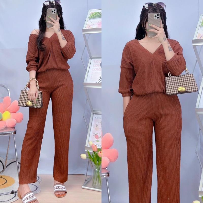 Product Introduction of AFH V Neck Loose 3/4 Sleeve Top Continues Terno Pants Coords Set Trendy Women Casual 11