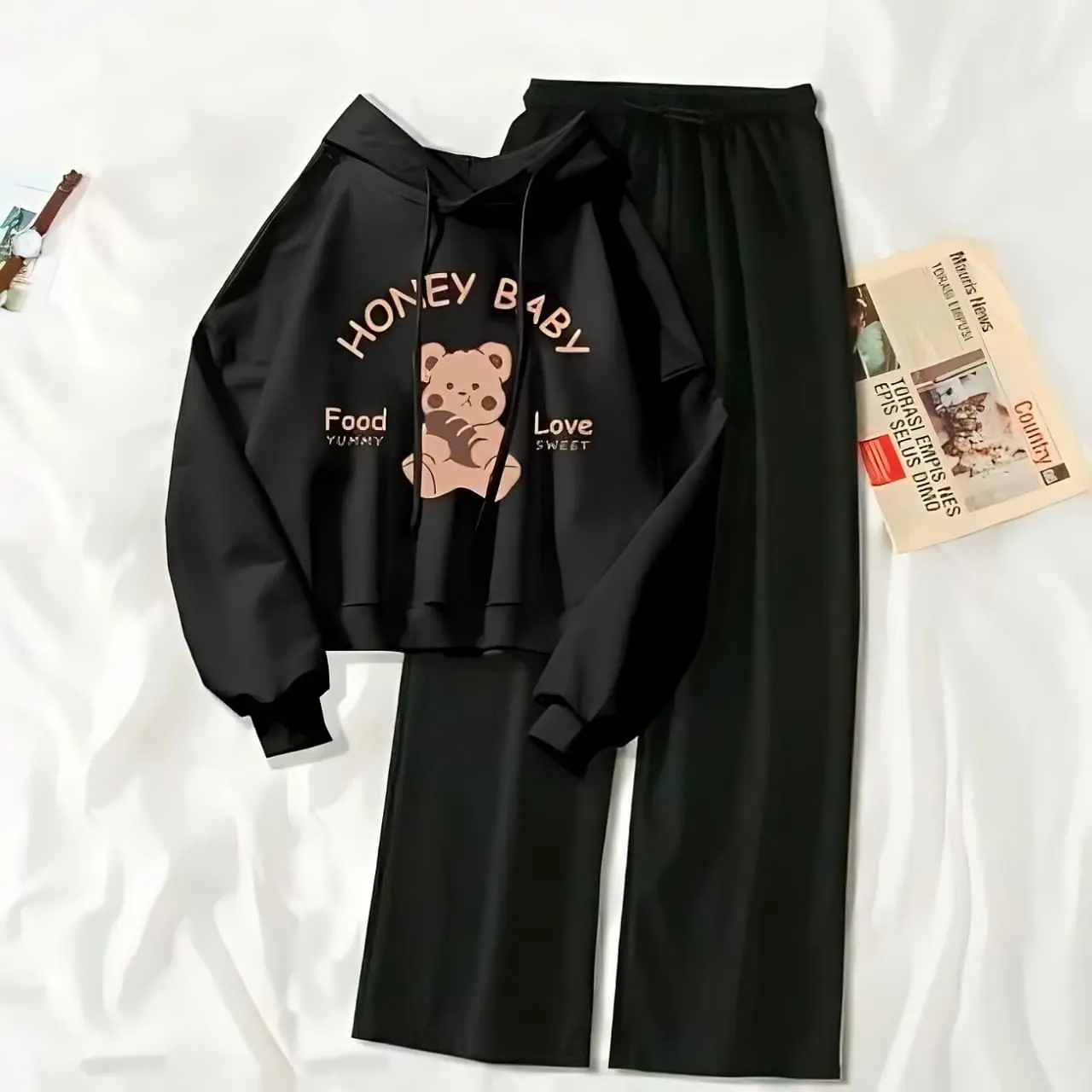Setelan Sweater Hoodie Dan Celana Kulot Hitam Wanita Atau Remaja Kekinian HONEY BABY Size L-XL-XXL/ COD Cewek