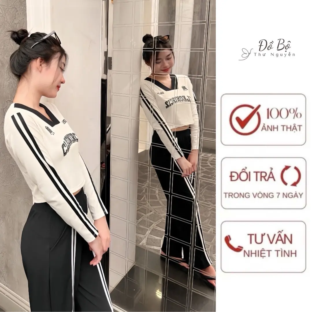 Set áo croptop cổ v-Quần dáng suông chất Thun tăm gân Nữ Women