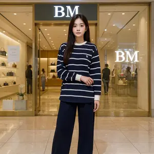 SF -  Setelan Davina Wanita Salur Stripe Longsleeve Celana Panjang