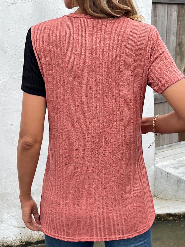 Women's Colorblock Asymmetrical Button Decor Split Hem Ribbed Crew Neck Tee, Summer Clothes, Casual Fashion Short Sleeve Round Neck T-shirt for Summer, Elegant Classy Tops, Womenswear 7