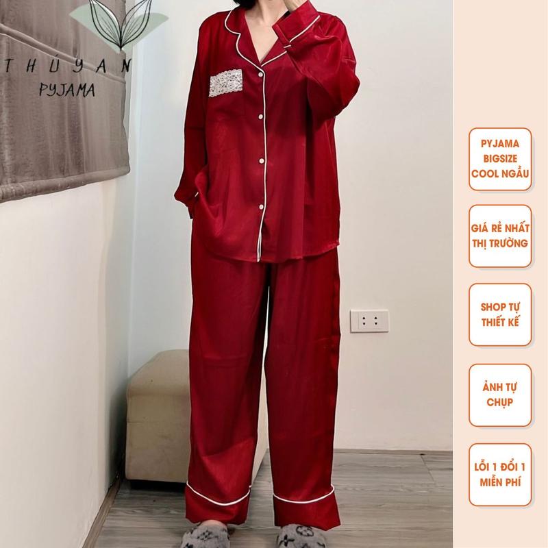  Bộ Pijama Bigsize tay dài lụa xước vân gỗ màu đỏ đô mặc nhà giá rẻ dành cho nữ mẹ bầu từ 60kg - 90kg. 